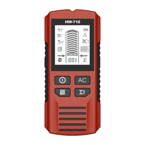 Multifunction Wall Scanners Studs Finders for Homes, Red device with display, buttons, and measuring features for locating studs.