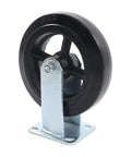 Heavy Duty Rigid Caster Wheels Eight Inch By Two Inch featuring rubber tires and solid cast iron cores, black rubber tire with metal mount.