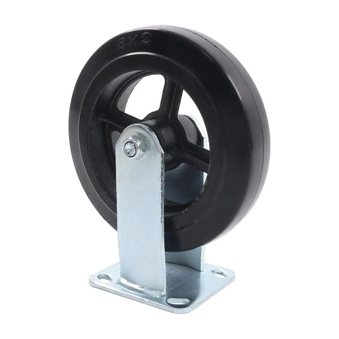 Heavy Duty Rigid Caster Wheels Eight Inch By Two Inch featuring rubber tires and solid cast iron cores, black rubber tire with metal mount.