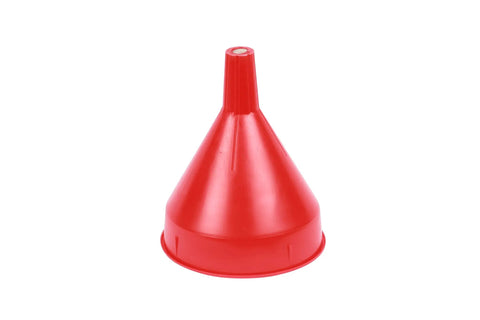 Red plastic funnel from 10 Piece Funnel Set For Garage And Shop With All The Gear You Need For Oil Fuel And Other Automotive Fluids Perfect For Quick Transfers And Maintenance Tasks.
