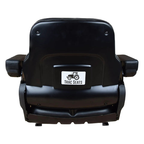 Rear view of Rugged Workhorse Universal Operator Seat for Backhoes Dozers Excavators Wheel Loaders Skid Steers Telehandlers