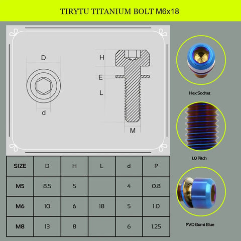Diagram and close-ups of Burnt Blue Titanium M6X18mm Bolts with specifications for MTB and motorcycle upgrades