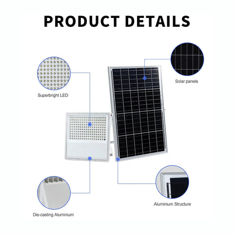 JUDYSSY Solar Flood Lights Outdoor Led 178Pcs 160Lm/W, showcasing superbright LED, solar panels, and aluminum structure.