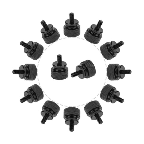Ten Piece Pack Of 6-32 Thread Black Anodized Aluminum Thumb Screws With A Slick Finger Grip Design Great For Computer Cases Hard Drives And Psu Brackets Built Tough For No Sweat Assemblies Always arranged in a circle.