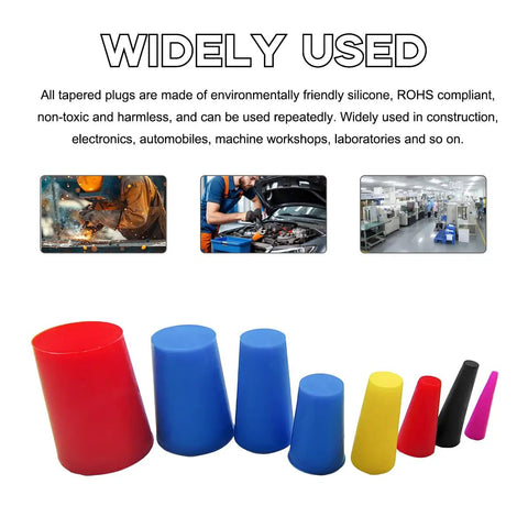 Silicone Tapered Plugs Set, Pro Grade High Temperature Resistant Stoppers Assortment For Spraying Coating And Painting in various sizes.