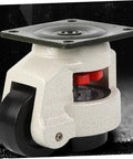 Four Pack Heavy Duty Workbench Leveling Casters With Adjustable Height And Non Slip Rubber Pads For Slick Rigging Of Industrial Printers Copiers Featuring Wear Resistant Nylon Wheels And Rock Solid Aluminum Bases seen from side with black nylon wheel and metal mounting plate.