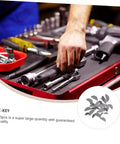 Hand reaching for tools on a red workbench next to graphic of 80 Piece Semicircle Woodruff Key Set With 8 Size Pack