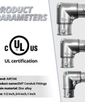Five Pack One Half Inch EMT Fittings 90 Degree Inside Corner Pull Elbows Heavy Duty Galvanized Steel Conduit Adapters shown in zinc alloy.