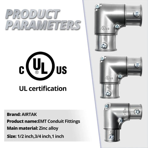 Five Pack One Half Inch EMT Fittings 90 Degree Inside Corner Pull Elbows Heavy Duty Galvanized Steel Conduit Adapters shown in zinc alloy.