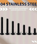 1/4-20 X 2 Inch Flat Head Hex Socket Cap Screws Bolts In Black Oxide 304 Stainless Steel 18-8 Fully Threaded With Hex Drive Furniture Fasteners Includes Hex Spanner For Built Tough DIY Projects displayed in various sizes on a neutral background, emphasizing rust resistance and durability.