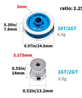 Dimensions of 36T and 16T aluminum pulleys for TT02 Beefed Up Belt Drive RC Car Transmission System with metal spur gear