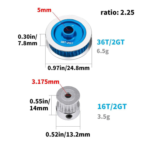 Dimensions of 36T and 16T aluminum pulleys for TT02 Beefed Up Belt Drive RC Car Transmission System with metal spur gear