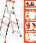 Lightweight Aluminum Five Step Ladder With Handrails And Tool Tray Anti Slip Wide Pedals Folding Step Stool For Home And Stairs And Outdoor Projects Telescoping Extension Portable Easy Storage 330 Lb Capacity, front view with tool tray