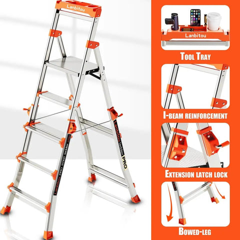 Lightweight Aluminum Five Step Ladder With Handrails And Tool Tray Anti Slip Wide Pedals Folding Step Stool For Home And Stairs And Outdoor Projects Telescoping Extension Portable Easy Storage 330 Lb Capacity, front view with tool tray