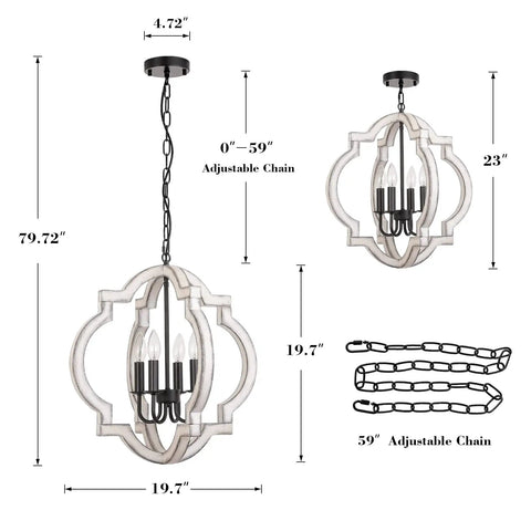 4 Light Vintage Wood Orb Pendant Chandelier For Island Kitchen Dining Room Hallway Foyer A Total Farmhouse Vibe With Adjustable Pendant Fixtures White Finish, dimensions and chain details.