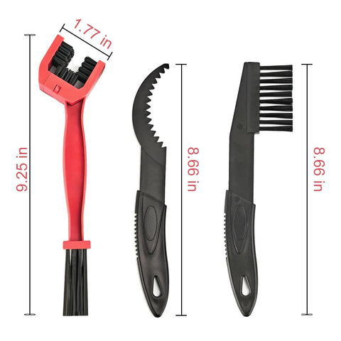 Bike And Motorcycle Chain Cleaning Tool Set 5 Piece Kit Pro Grade with sprocket scraper, brush, and chain cleaning tools shown.