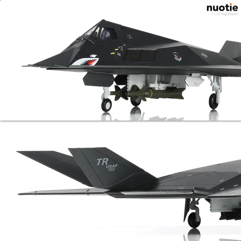 Close-up of One Seventy Two Scale F117 Nighthawk Stealth Fighter Jet Model Kit With Diecast Metal Display Stand Collectible US Air Force Plane For Adults And Hobbyists Edwards AFB Edition Epic Gift For Aviation Fans And Model Builders