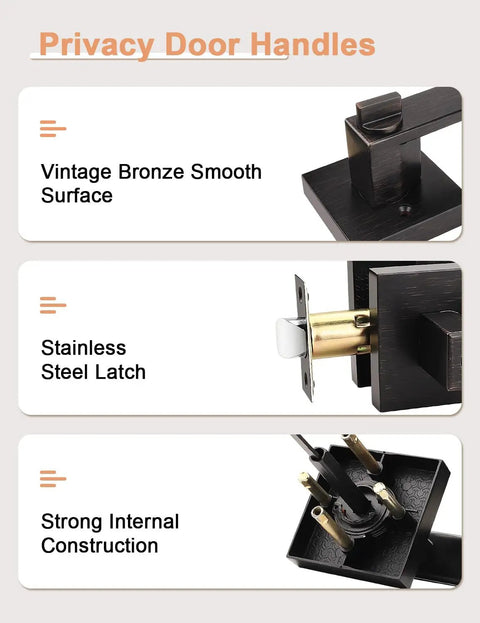 8 Pack Oil Rubbed Bronze Privacy Door Handles For Interior Doors Vintage Square Levers Heavy Duty Bedroom And Bathroom Door Knobs Keyless Privacy Levers Durable Stainless Steel And Zinc Alloy Build Built To Last, showcasing vintage bronze finish, stainless steel latch, and robust internal construction.