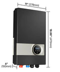 Ditch The Old Tank For This 27kW Tankless Electric Water Heater 240V Under Sink Unit With LCD Touch Screen Temp Lock Works Like A Charm For Bathroom Kitchen Or Office Spaces Sleek Black, showing dimensions 11x4x18.86 inches.
