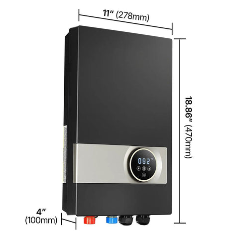 Tankless Electric Water Heater Delivers Instant Hot Water Under Sink For Bathroom Cabinet Or Kitchen Counter Featuring sleek matte black finish and digital display.