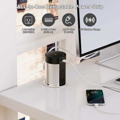 Pop Up Countertop Power Outlet With 5W Wireless Charger Four AC Outlets And Two USB Ports 4 Inch Pop Out ETL Listed in use