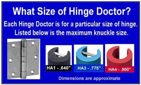 HA4D Institutional Hinge Repair Tool For Large Doors Quick 30 Second Fix Made In USA Fits Nine Tenths Inch Knuckle Built For Pros Heavy Duty Replacement With Clear Instructions. Size chart with HA1, HA3, and HA4 hinge sizes for different knuckles.