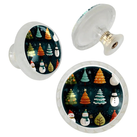 4 Pack White Cabinet Pull Handles With Mounting Screws, Cute Christmas Tree And Snowman Knobs For Cupboards, Drawers, Crystal Glass Accent