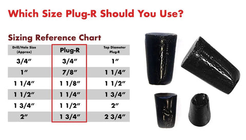 Sizing reference chart and images of Three Quarters Inch Asphalt Plugs 25 Pack For Quick Driveway And Pavement Repair No Sweat Easy Patch