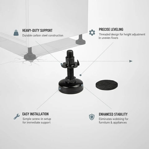Adjustable Threaded Leveling Foot for Cabinets and Furniture, Three Eighths by Sixteen Threaded Stud, Carbon Steel Stabilizer
