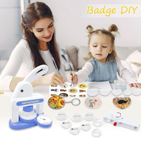 One Handed Button Maker Press Kit for DIY Crafts 55mm and 35mm with mother and child creating pins and keychains.