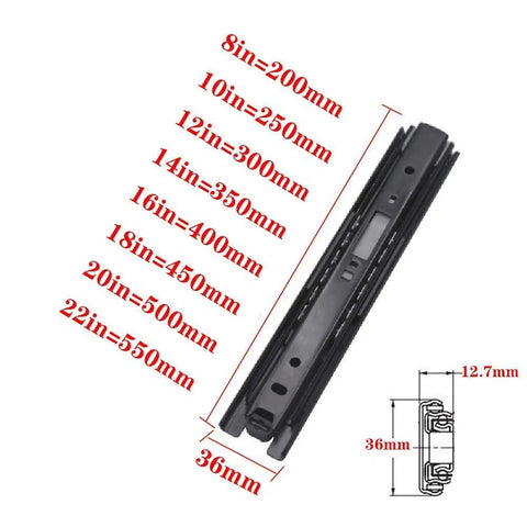 Butter Smooth Full Extension Drawer Slides One Pair Soft Close Ball Bearing Side Mount Runners With Effortless Push To Open Operation dimensions with sizes marked.
