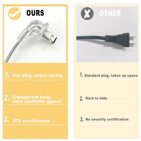 Comparison of clear 10 foot extension cord with flat plug versus standard plug, highlighting space-saving and aesthetic benefits.