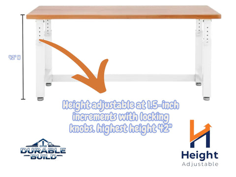 Rock Solid Height Adjustable Workbench With Premium Hardwood Surface And Hella Heavy Duty Steel Base Tough Garage Workstation For Daily Shop Jobs And Comfortable Ergonomic Workflow 48 X 24 Inch Table with height settings.