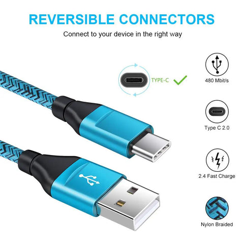 Heavy Duty Usb C Car Charger With Fast Charging Cable Set showing reversible connectors and nylon braided design.