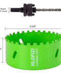 Front view of HLOFIZI carbide-grit hole saw, green, 3-5/8 in diameter and 1-1/2 in depth; for stucco, plaster, cement board, drywall.