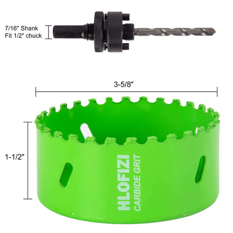 Front view of HLOFIZI carbide-grit hole saw, green, 3-5/8 in diameter and 1-1/2 in depth; for stucco, plaster, cement board, drywall.