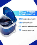 Dead Simple Semi Automatic Portable Mini Washing Machine With 8 Pound Capacity And Fast Spin Cycle Straight Up showing open lid with clothes inside.