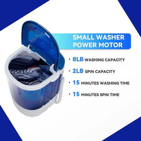 Dead Simple Semi Automatic Portable Mini Washing Machine With 8 Pound Capacity And Fast Spin Cycle Straight Up showing open lid with clothes inside.