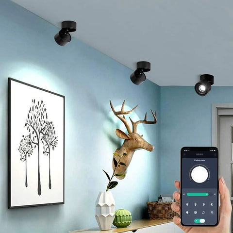 Dimmable LED Ceiling Spotlight With 360 Degree Swivel And Surface Mount, 10W COB Downlight, Easy Install, shown in living room setup.