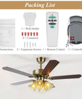 Packaging contents for Universal Ceiling Fan Remote Control Kit Replacement with fan and accessories displayed.