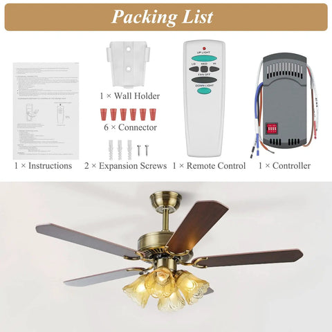 Packaging contents for Universal Ceiling Fan Remote Control Kit Replacement with fan and accessories displayed.