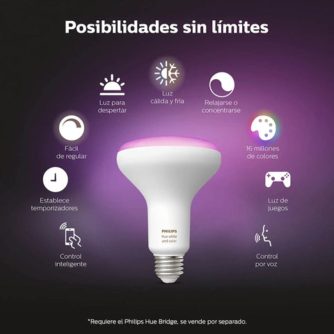 Color Changing BR30 Smart Downlight Bulb For 5 To 6 Inch Recessed Cans White And Color Ambiance 16 Million Colors Alexa Compatible Hue Bridge Required For Full Automation Old Version showcased with features like smart control and color options.