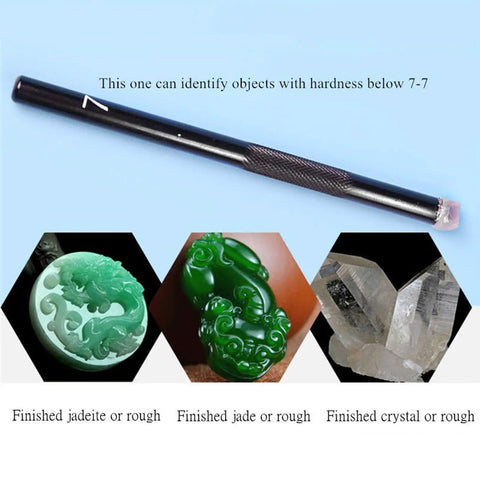 Five Pack Mohs Hardness Tester Kit 5 Through 9 With Durable Mineral Tips On Metal Rods, Pro Grade Hardness Pens For Jewelry Jade Glass Ceramic Tile And Concrete Testing. One pen shown for testing jade and crystal