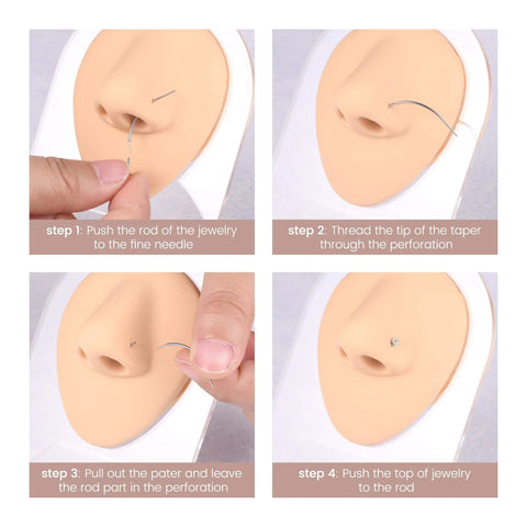 Threadless Piercing Tapers And Changing Tools Gear For 20G 16G 18G Insertion Ball Grabber Straight And Curved Threadless Change Tools Internal Threaded Jewelry Applicators For Nose Lip Labret Piercings being used in step-by-step nose piercing demonstration.