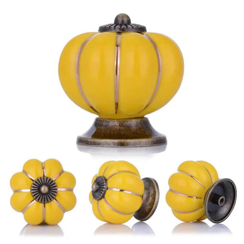 Smooth Yellow Ceramic Cabinet Knobs And Dresser Drawer Handles With Gold Alloy Trim Six Piece Set For Rad Kitchen Cabinet Makeovers And Dope Furniture Upgrades, set of 6 yellow ceramic knobs.