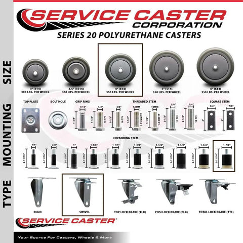 Heavy Duty Polyurethane Swivel Casters With 4 Inch Gray Wheels And Standard Expanding Stems Stainless Steel Rolling display chart of various caster sizes and types.
