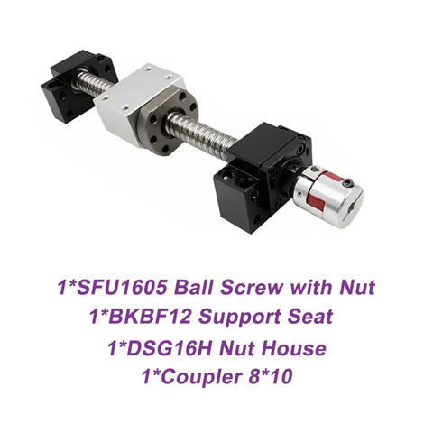 Ultimate Ballscrew SFU1605 Kit For 3D Printer Build C7 Grade Precision Lead Screw Set With Single Nut, BK And DSG Support Plus Coupler Assembly Tailored For Smooth Motion Control On Your Next Crazy Project - SFU1605 ball screw with nut, BKBF12 support seat, DSG16H nut house, coupler