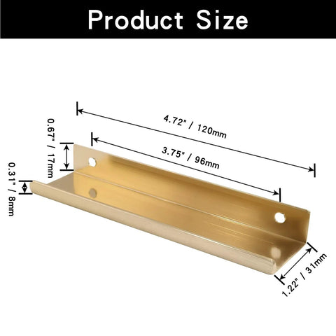 Hidden Cabinet Pulls 12 Pack 4.72 Inch Brushed Brass Aluminum Back Mount Finger Edge Pulls with dimensions shown