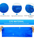 Hands holding a Blue Non Slip Waterproof Disposable Shoe Cover showing anti-skid texture, elastic band, and edge sealing features.