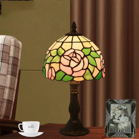 Stained Glass Table Lamp Pink Rose Design With Zinc Alloy Base Bedside Light For A Homey Cozy Living Room And Bedroom Handmade Antique Style Lampshade E26 Bulb Not Included